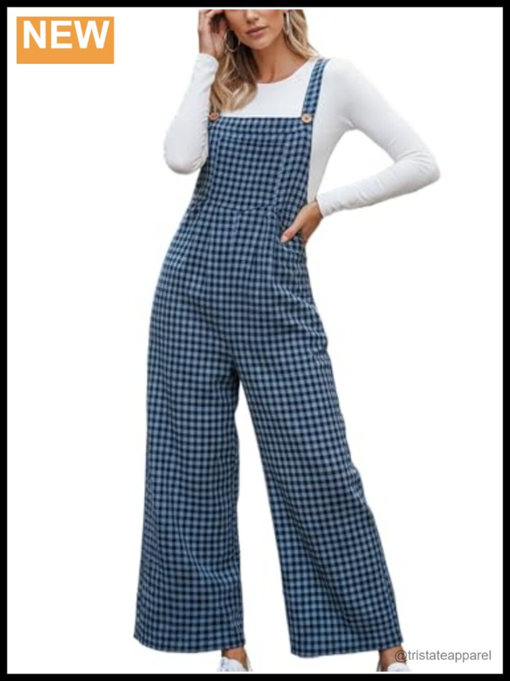 Sleeveless Plaid Maxi Jumpsuit Wide Leg Pockets Pleated Loose Fit